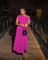 Detail of rose red one-shoulder evening dress with a slim fit and floor-length silhouette - S / Rose Red