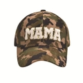 Detail of MAMA camouflage baseball cap featuring white fuzzy letters with gold glitter edges - Classic Camouflage Style (Style 4)