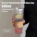 600ml vertical textured glass coffee cup with dual-use lid and cork sleeve - Gardenia White 600ml (With White Lettering Wood Grain Sleeve)