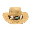 Straw cowboy hat in beige with hollow weave and ethnic turquoise beaded band - One Size (New Hollow) / Beige (White Strip Blue Bead)