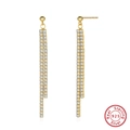 Long tassel drop earrings in 925 sterling silver with gold finish and sparkling zircons - Gold Double Tassel Earrings SE398-14K / Gold