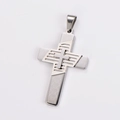 Detailed view of silver stainless steel double-layered cross pendant with geometric texture - Large (Without Chain) / Steel