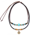 Bracelet tissé bohème à double épaisseur avec perles turquoise et pendentif pièce vintage - Collier Pièce de Monnaie Vintage Turquoise