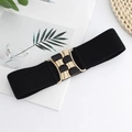 Women's black elastic waist belt with geometric gold and black metal buckle - EL224 Black 75cm