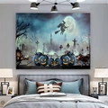 Detail of Halloween tapestry with witch and pumpkins hanging on a bedroom wall - Halloween Witch Castle (22WSJ010F)