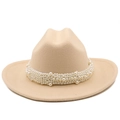 Detailed close-up of beige wool fedora hat featuring elegant white pearl band decoration - M (56-58cm) / Beige