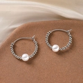 Elegant beaded silver hoop earrings featuring a central white pearl and a minimalist design - Beaded Artificial Pearl Connected Hoop (E1878-1)