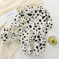 Infant cotton gauze romper with cow print pattern and matching hat in soft white - 66cm / Beige