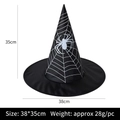 Black Halloween witch hat with spider web patterns and dimensions 38x35cm on white background - Oxford Cloth Spider Web Print