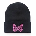 Unisex black knitted beanie with pink butterfly embroidery for winter warmth and style - One Size / Black