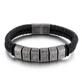 Men's double-layered braided black leather bracelet with vintage silver charms - Antique Silver / 19cm