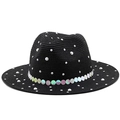 Black Panama jazz straw hat with elegant pearls, rhinestones and iridescent sequins decor - M (56-58cm) / Black