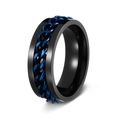 Men's black titanium steel spinner ring with a blue chain inlay and matte finish - Black+Blue