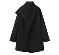 Detail of black mid-length coat featuring asymmetric collar and functional side pockets - S / Black