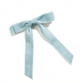 Detail of light blue velvet bow hair clip featuring long ribbons and soft fabric texture - Light Blue