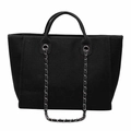 Große schwarze Canvas-Eimertasche mit Lederbesatz und gewebten silbernen Kettenriemen - L Schwarz