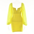 Macro detail of deep V-neckline and ruched texture on bright yellow mini dress - S / Yellow