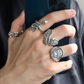 Set di anelli vintage in argento con motivi a serpente e piuma, finitura invecchiata - Argento Vintage Set Anelli Serpente Ali 4 Pezzi / Argento Antico