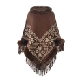 Brown knit poncho wrap with Nordic snowflake pattern and luxury faux fur collar trim - Tops / 85*80CM / Coffee