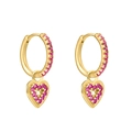 Close-up of gold hoop earrings with pink zircons and heart charms on white background - Gold Hoop Heart Dangle - Magenta