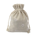 Beige floral cotton linen drawstring bag with white daisy print for jewelry storage - 10x14cm / White Daisy