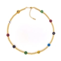 18K gold beaded necklace with colorful evil eye charms on a clean white background - Multi-color Eye