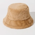 Close-up of soft light brown plush bucket hat showing thick fluffy faux fur texture - One Size / Khaki