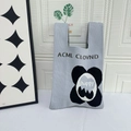 Light gray knitted tote bag featuring a floral pattern and stylish woven letter design - HAPPY Grey