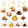 Décorations de Thanksgiving suspendues dorées avec feuilles d'érable, citrouilles et dindes - Spirales de Thanksgiving Pack de 8