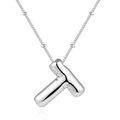 Detailed view of silver puffed letter T pendant on a delicate beaded stainless steel chain - T-Steel