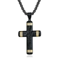 Collar de cruz bicolor en negro con textura de fibra de carbono y detalles dorados con gemas - Colgante Dorado con Cadena de Perlas Artificiales Negras
