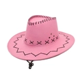 Detalle de sombrero vaquero rosa de ante con costuras negras y cordón ajustable - Rosa
