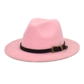 Detail of pink wool fedora with brown leather strap and snakeskin gold buckle - M (56-58cm) / Pink