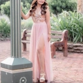 Sparkly rose gold sequin and pink mesh evening dress with high side slit and backless style - XS / Pink
