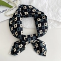 Navy blue cotton linen square scarf with beige geometric dots and retro pattern style - Square Navy Blue