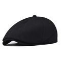 Detailed side view of black cotton newsboy cap showing textured fabric and top button - Adjustable / Black