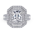 Bague luxueuse en argent S925 avec diamant radiant simulé et double halo de cristaux - Taille US 7 / Plaqué Platine (Zirconium Taille Fleur)