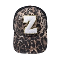 Distressed leopard print baseball cap with white plush Z patch and gold sequins - Letter Z (Black Leopard)