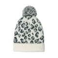 Close-up of leopard pattern knit beanie featuring a fluffy pom-pom and ribbed cuff - M (56-58cm) / White