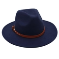 Detail of navy blue wool fedora featuring a brown leather band with silver rivets - One Size (57cm) / Navy Blue (3 Studs)