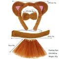 Brown bear costume set for girls including sequin ears headband, bow tie, tail, and tutu - Tan Faux Fur Cat Ear Set With Dark Brown Tutu Skirt