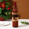 Close-up of a brown knitted reindeer wine bottle cover with detailed 3D antlers and nose - Elk Style / 28cmx12cm