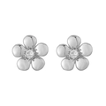 Dettaglio di orecchini a fiore in argento con zircone centrale su sfondo bianco - Petali di fiori color platino 1 paio