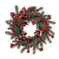 Christmas wreath with green pine needles, red berries and checkered bows on white backdrop - Wreath (Without Lights)