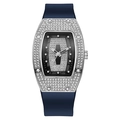 Macro detail of tonneau-shaped watch dial with sparkling rhinestones and silver casing - Blue