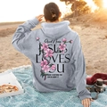 Light gray hoodie with pink cherry blossom back print in a warm beach picnic setting - S / Light Gray