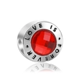 Silver bead charm with faceted red crystal and 'LOVE IS FOREVER' engraving on white backdrop - Emotional Red Stone Bead (LOVE IS FOREVER)
