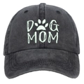 Washed dark grey cotton baseball cap with pale green DOG MOM 3D embroidery detail - Washed Grey DOG MOM Embroidery Baseball Cap