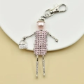 Detailed view of handmade pink crystal doll keychain with lobster clasp and pearl head - 02-Pink Rhinestone Dress Doll