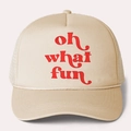 Retro Trucker Kappe in Beige mit rotem oh what fun Aufdruck und Mesh-Rückseite für Outdoor - Einheitsgröße / Khaki
